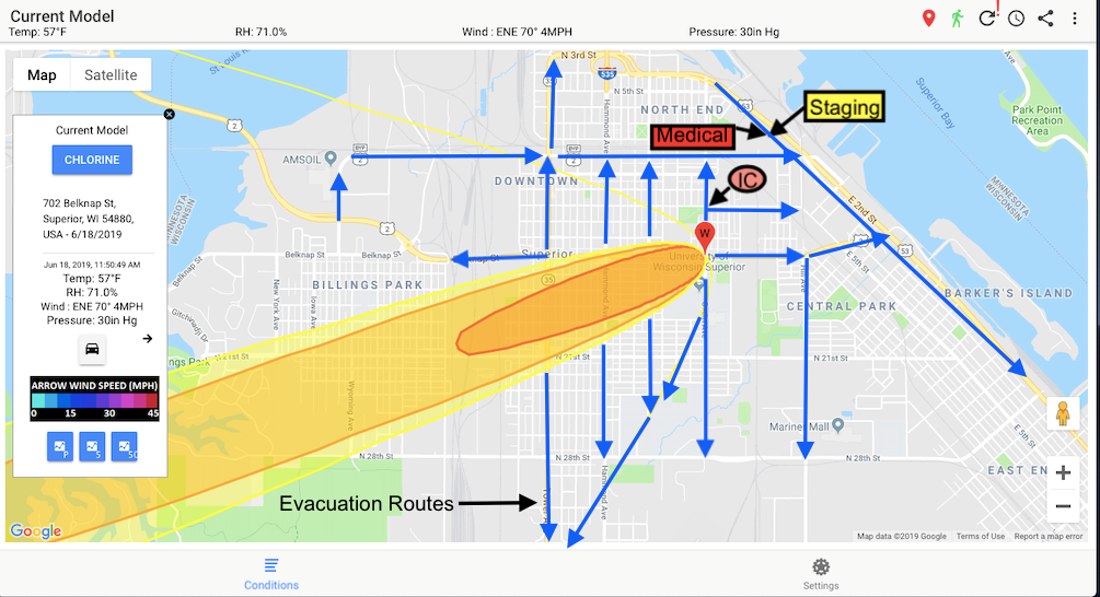 LR-x current-conditions map of a chlorine release with the plume, incident command, staging, medical and evacuation routes marked