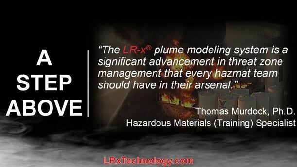 Slide quoting Thomas Murdock, Ph.D., Hazardous Materials (Training) Specialist, on the LR-x plume modeling system