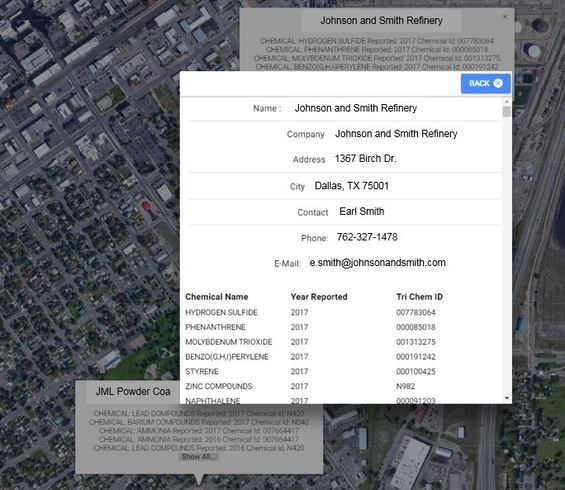 LR-x map with a Tier II facility record open, listing chemicals stored on site and contact details